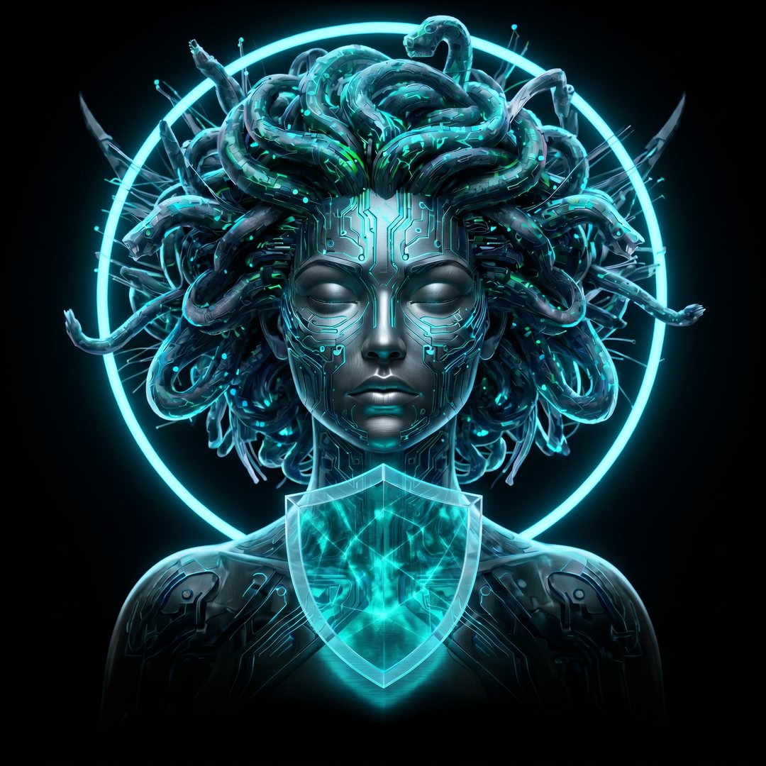 MEDUSA — cybernetic Medusa emblem with a glowing security shield, the AI security scanner